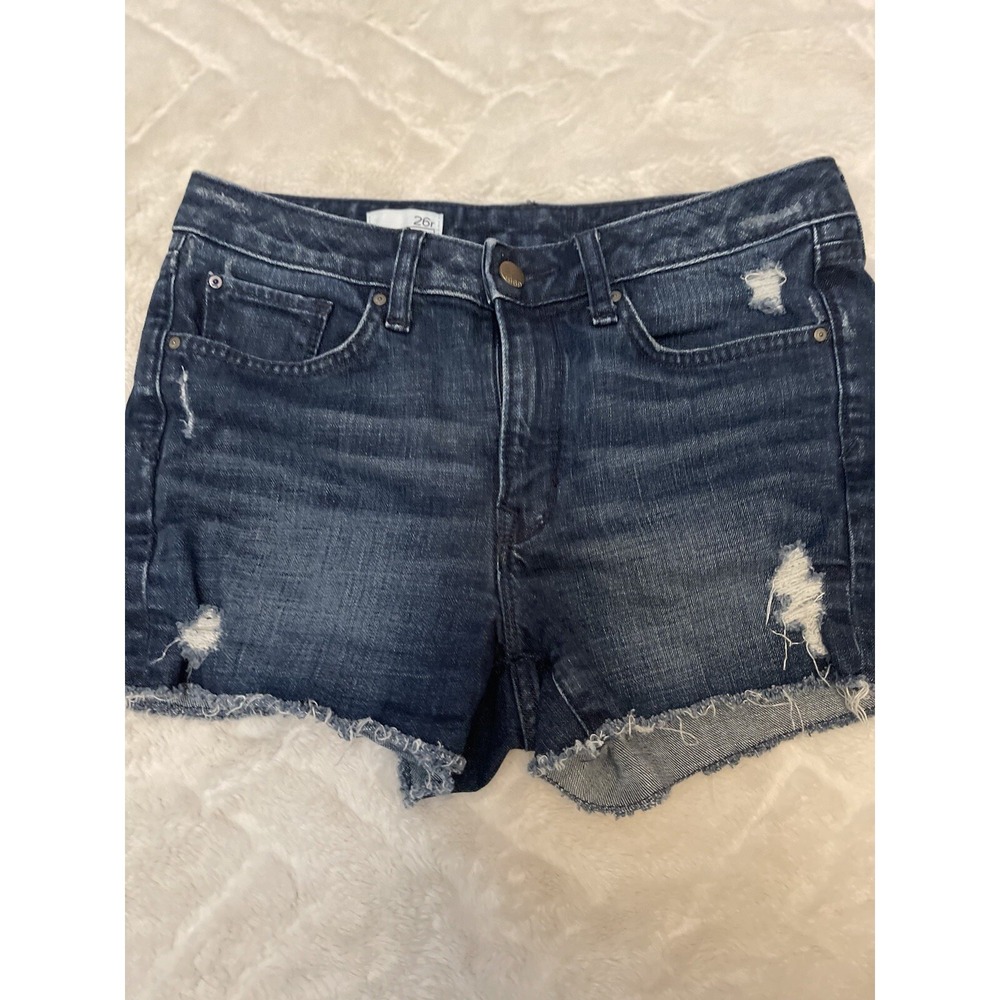 Gap 1969 Jean Shorts Womens Slim Cut Off Distressed Size 26 Blue Denim Raw Hem